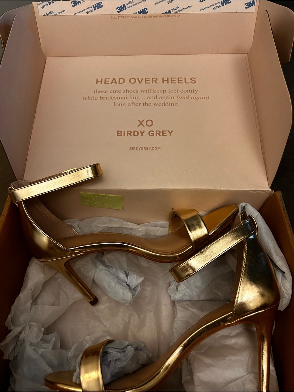 Birdy Grey Jenny Stiletto Gold Ankle Strap Heels